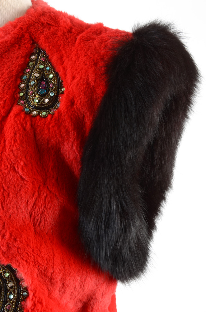 Adrienne Landau Dyed Red Rabbit Fur Open Front Vest Trimmed in Black Fox Fur and Embellished with Beaded Paisley