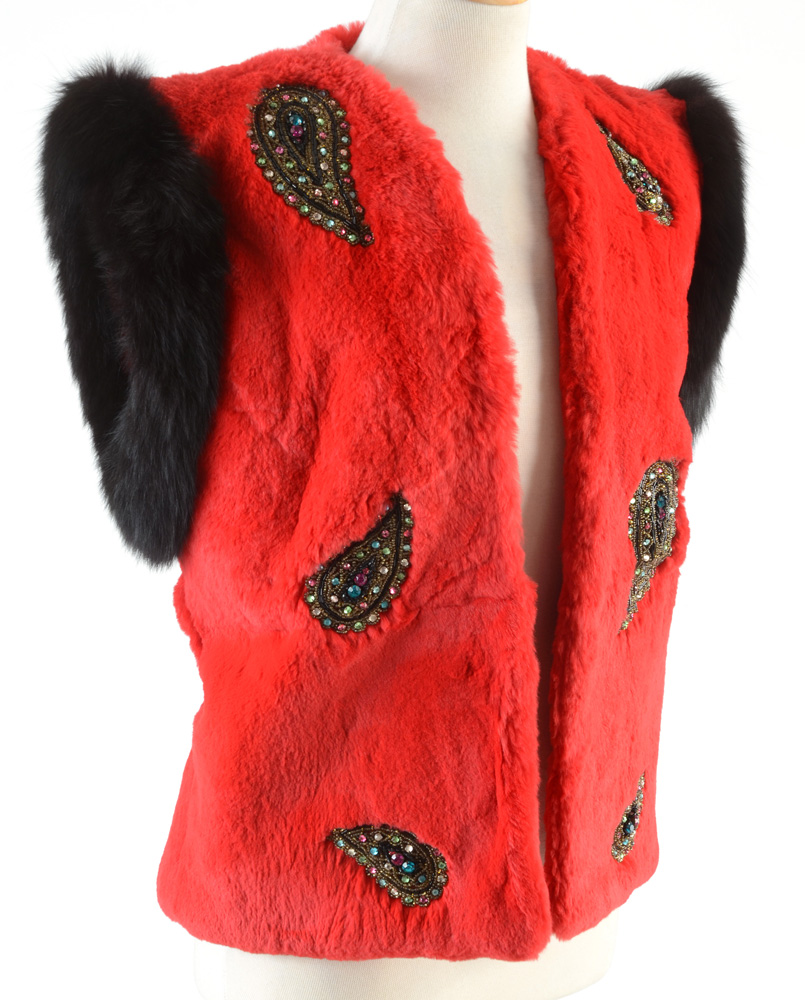 Adrienne Landau Dyed Red Rabbit Fur Open Front Vest Trimmed in Black Fox Fur and Embellished with Beaded Paisley