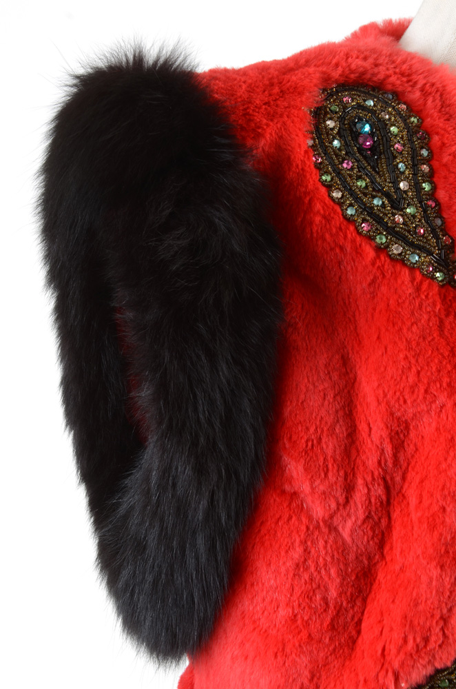 Adrienne Landau Dyed Red Rabbit Fur Open Front Vest Trimmed in Black Fox Fur and Embellished with Beaded Paisley