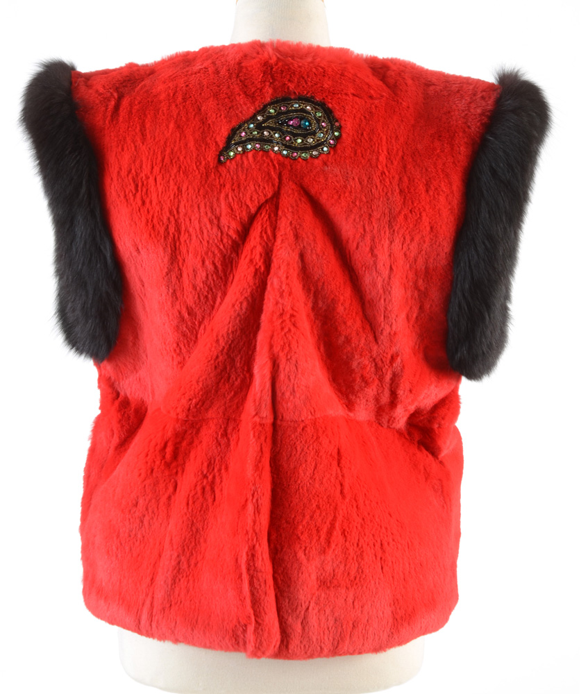 Adrienne Landau Dyed Red Rabbit Fur Open Front Vest Trimmed in Black Fox Fur and Embellished with Beaded Paisley