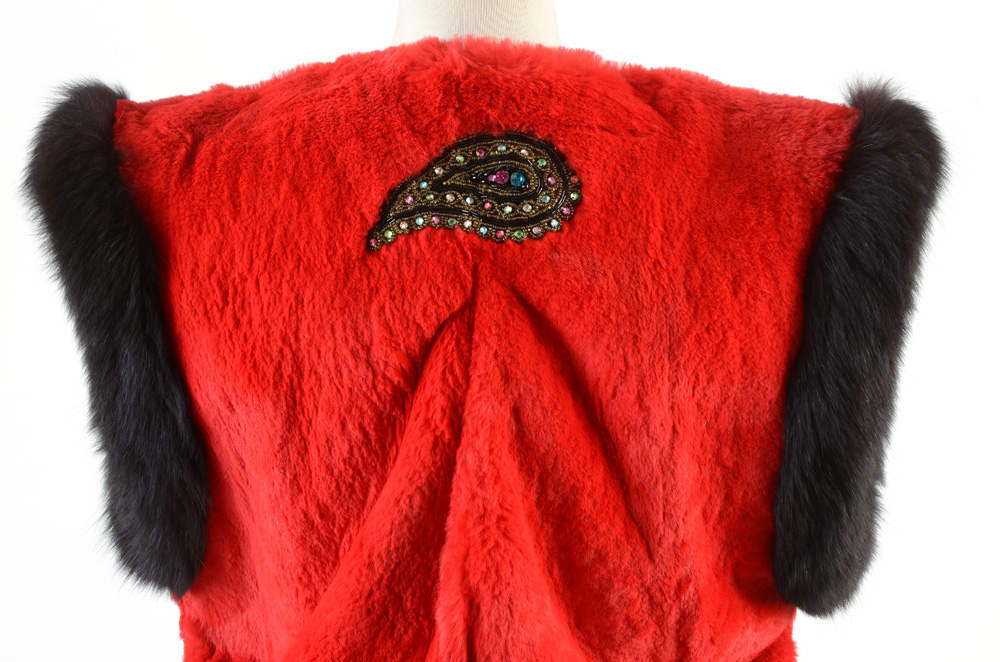 Adrienne Landau Dyed Red Rabbit Fur Open Front Vest Trimmed in Black Fox Fur and Embellished with Beaded Paisley