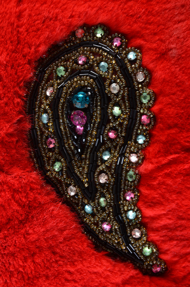 Adrienne Landau Dyed Red Rabbit Fur Open Front Vest Trimmed in Black Fox Fur and Embellished with Beaded Paisley