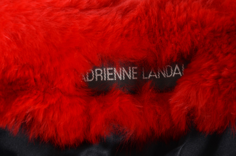 Adrienne Landau Dyed Red Rabbit Fur Open Front Vest Trimmed in Black Fox Fur and Embellished with Beaded Paisley