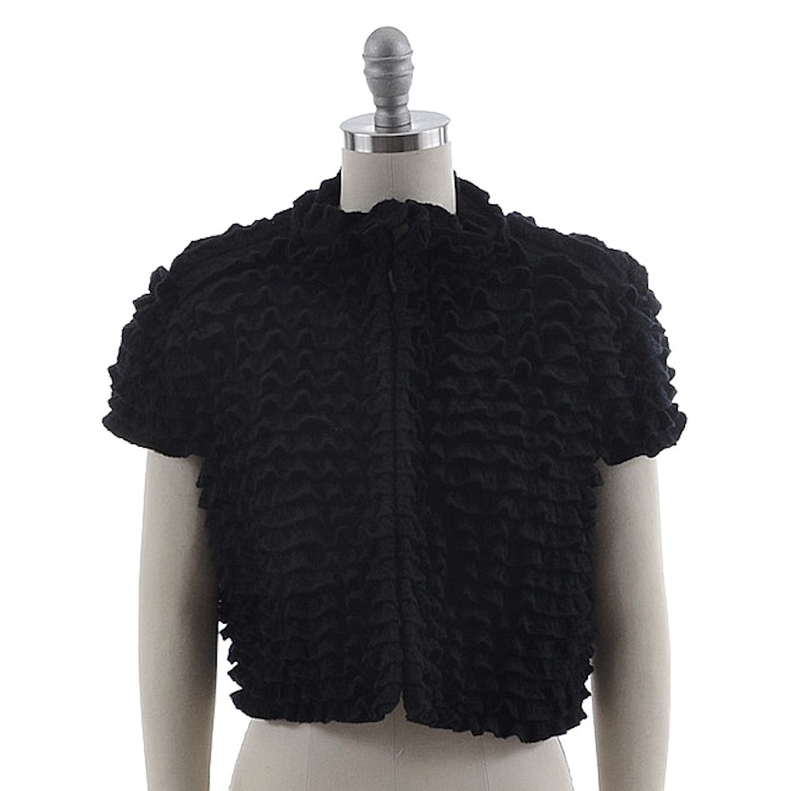 Alaïa of Paris Black Knit Fleece Wool Blend Ruffled Bolero Shrug Jacket