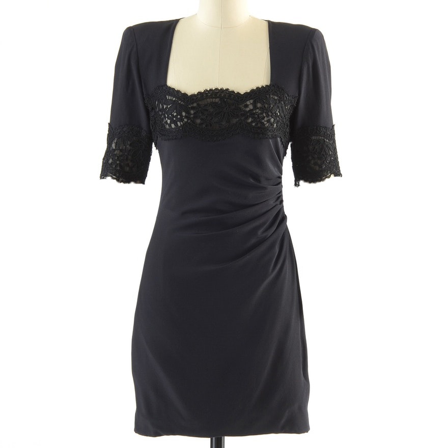 Circa 1980s Vintage Emanuel Ungaro Parallele of Paris Ruched Black Silk Cocktail Dress Accented with Black Lace