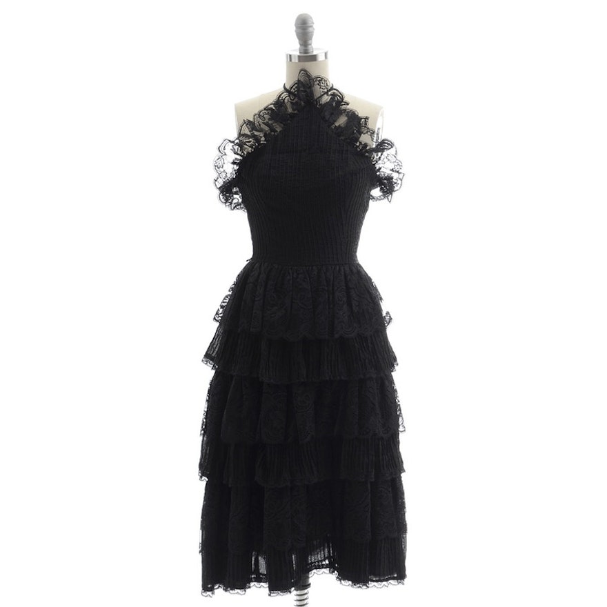 Vintage Mexican Black Lace Ruffled Cocktail Dress with Crystal Pleating and Halter Strap
