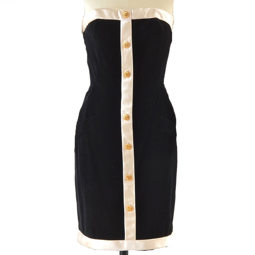 1990s Chanel Boutique Black Velvet and Ivory Silk Strapless Cocktail Dress