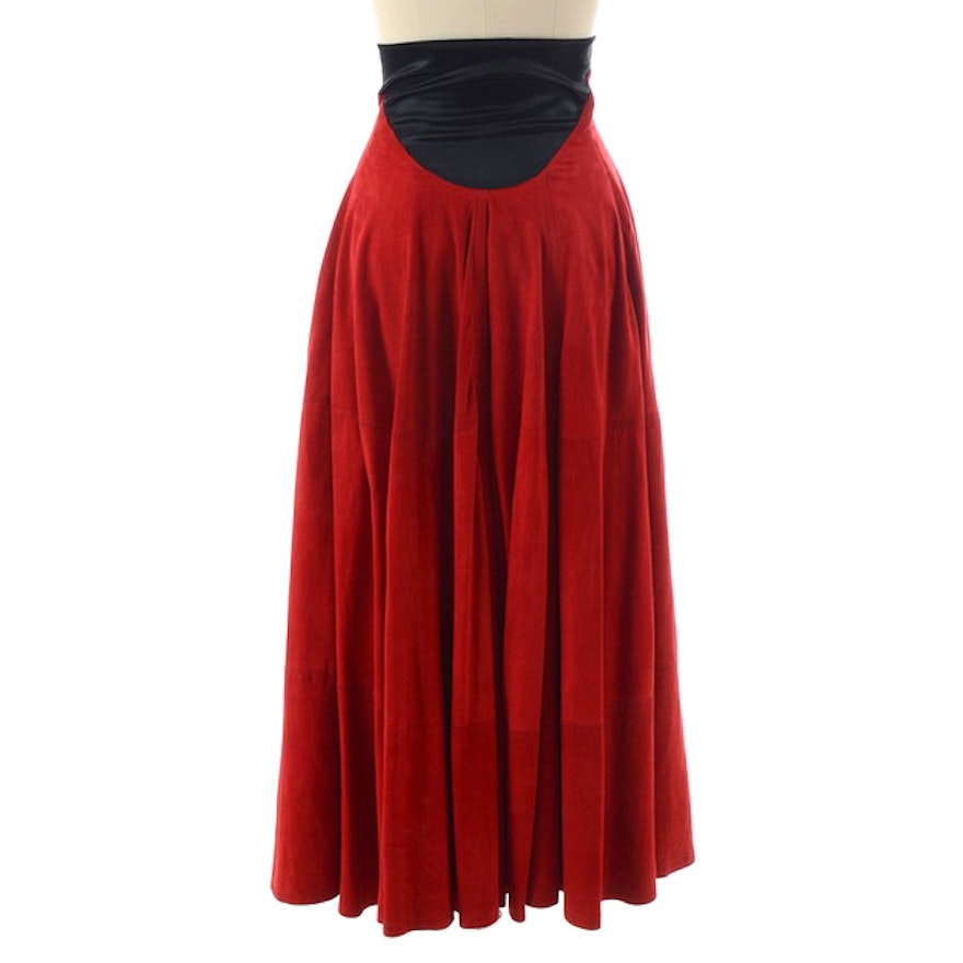 Gianfranco Ferre Studio Long Red Suede Skirt Trimmed in Black Satin