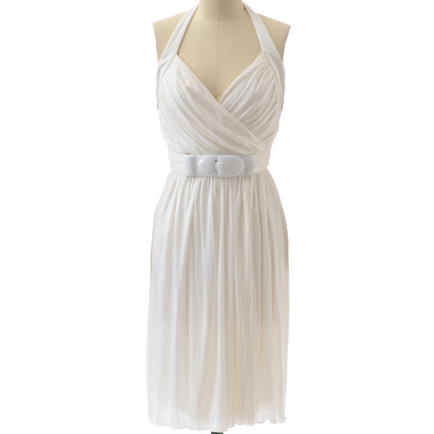 Versace Grecian Inspired Ruched Halter Dress with Medusa Buckle in White