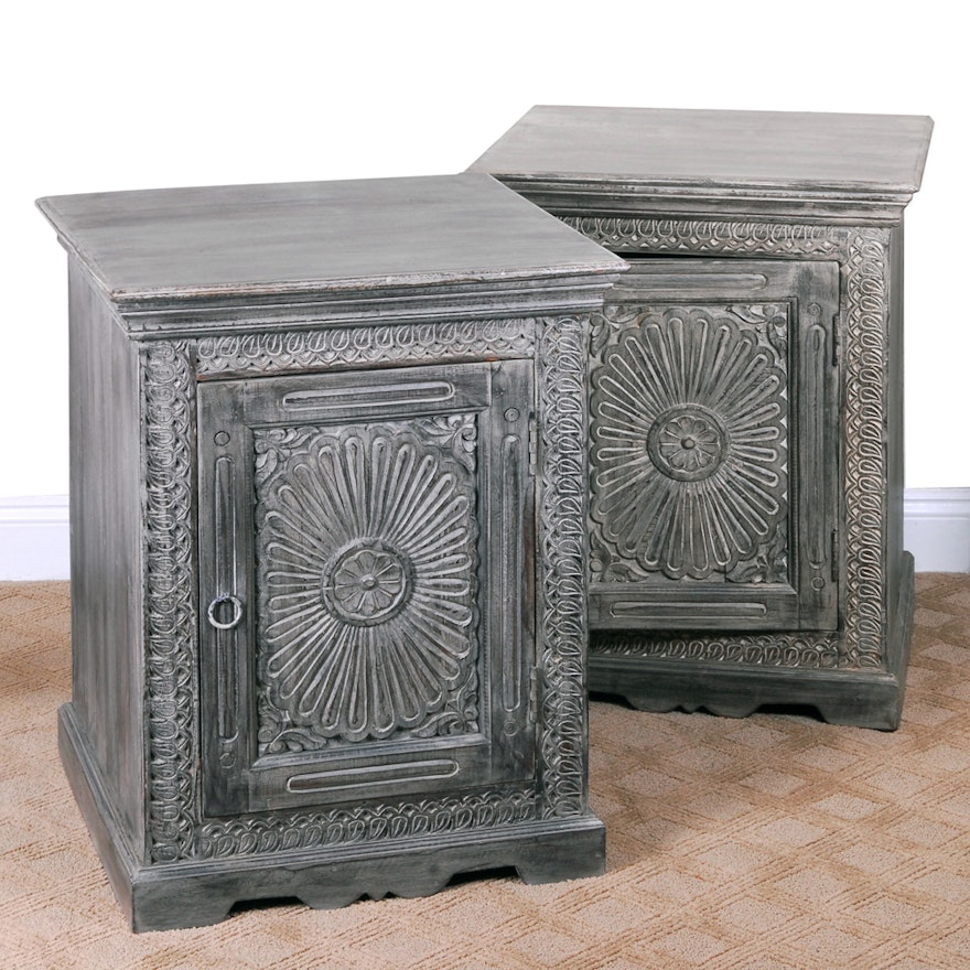 Pair of Indian Carved Front Nightstands