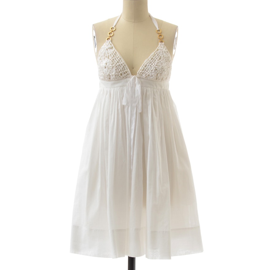 Nicole Miller Studio White Cotton and Ribboned Baby Doll Halter Dress