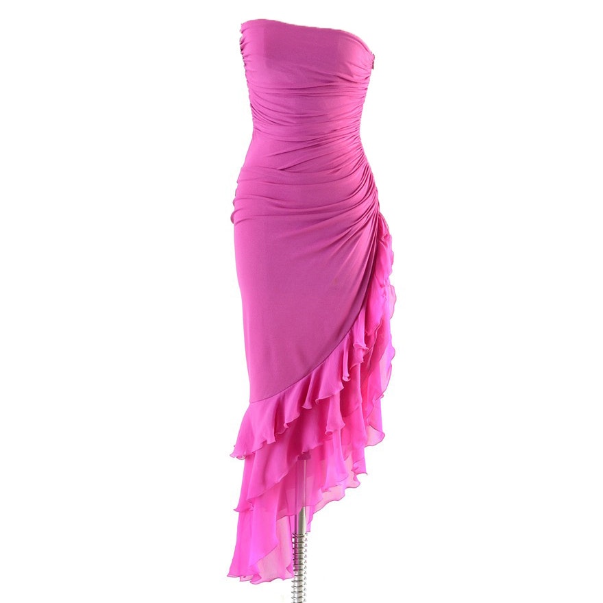 Emanuel Ungaro of Paris Ruched Magenta Pink Strapless Evening Dress Accented in Ruffled Silk Chiffon