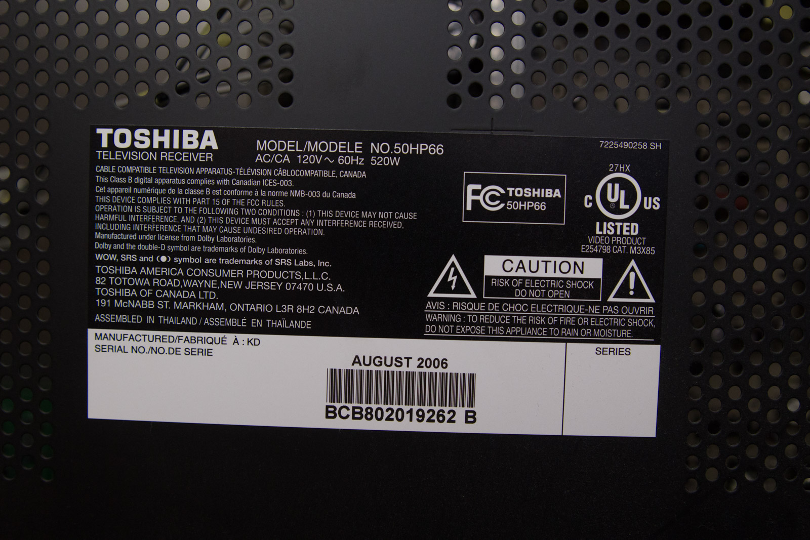 Toshiba 50HP66 50" Plasma HDTV and Mount