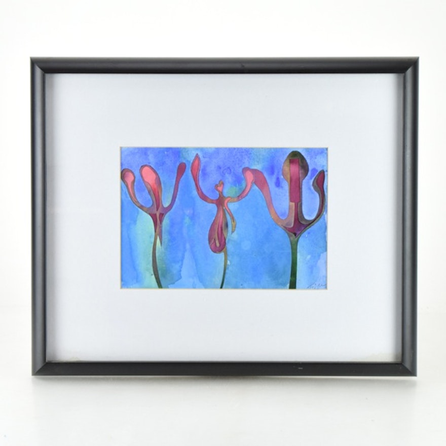 Original Tuska Cut Paper and Watercolor Framed Art "Buds" Number 17