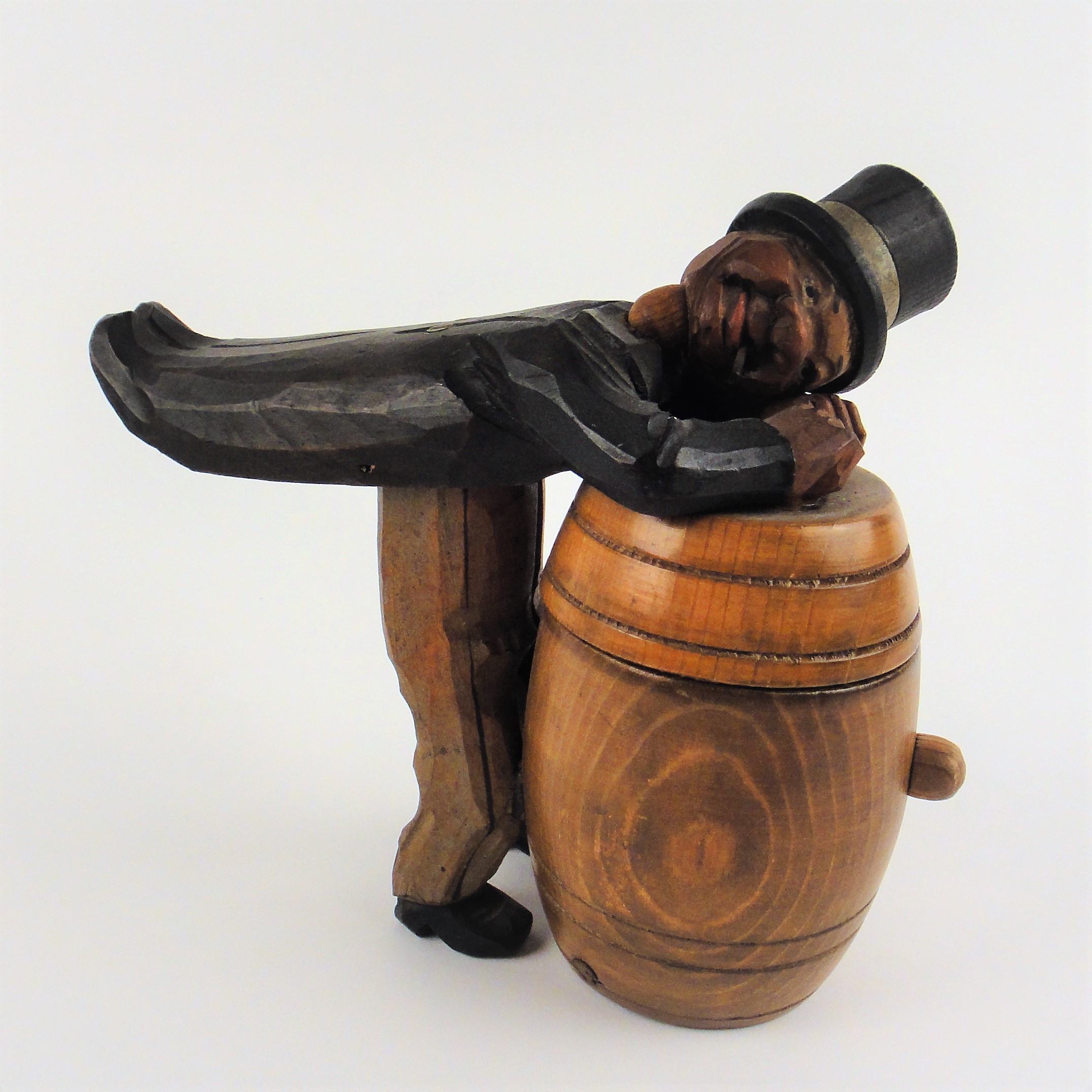 ANRI Wood Carved Man Over Barrel Cigarette Match Holder
