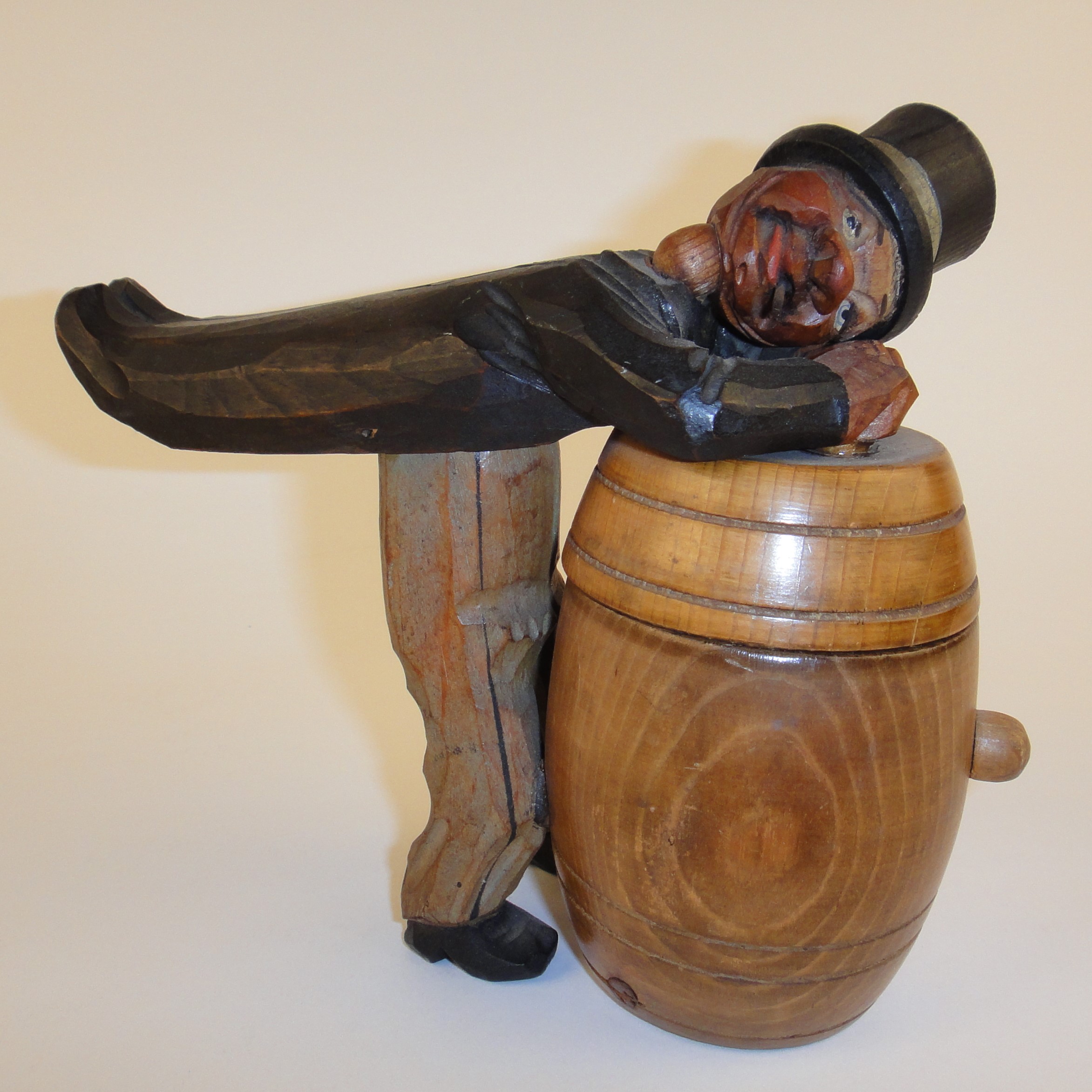 ANRI Wood Carved Man Over Barrel Cigarette Match Holder