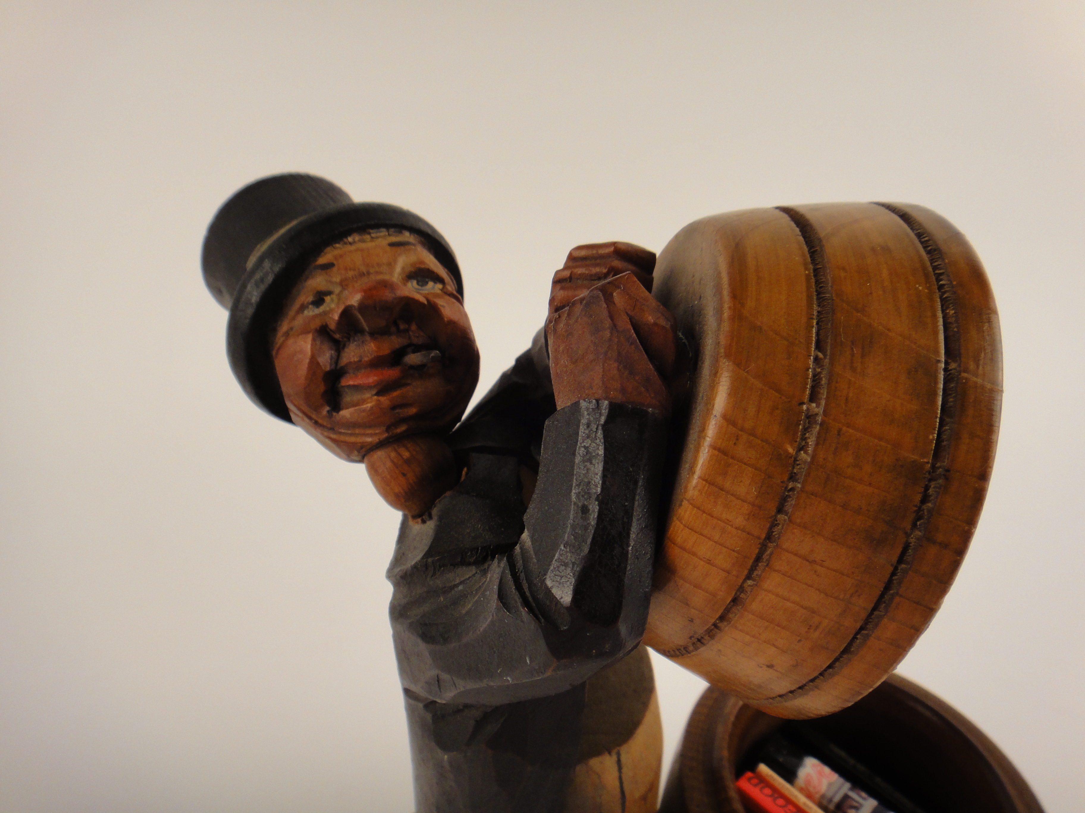 ANRI Wood Carved Man Over Barrel Cigarette Match Holder