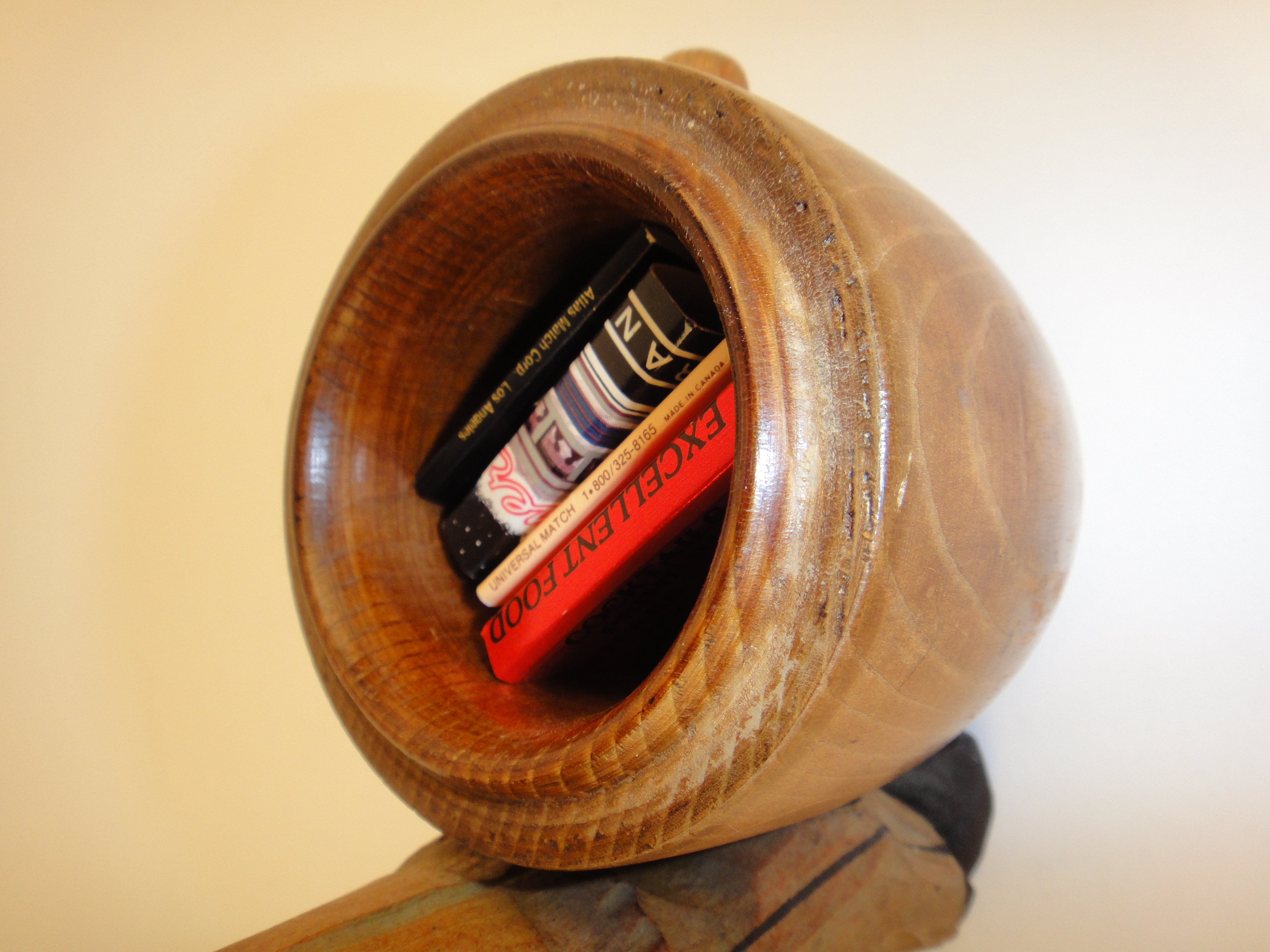 ANRI Wood Carved Man Over Barrel Cigarette Match Holder