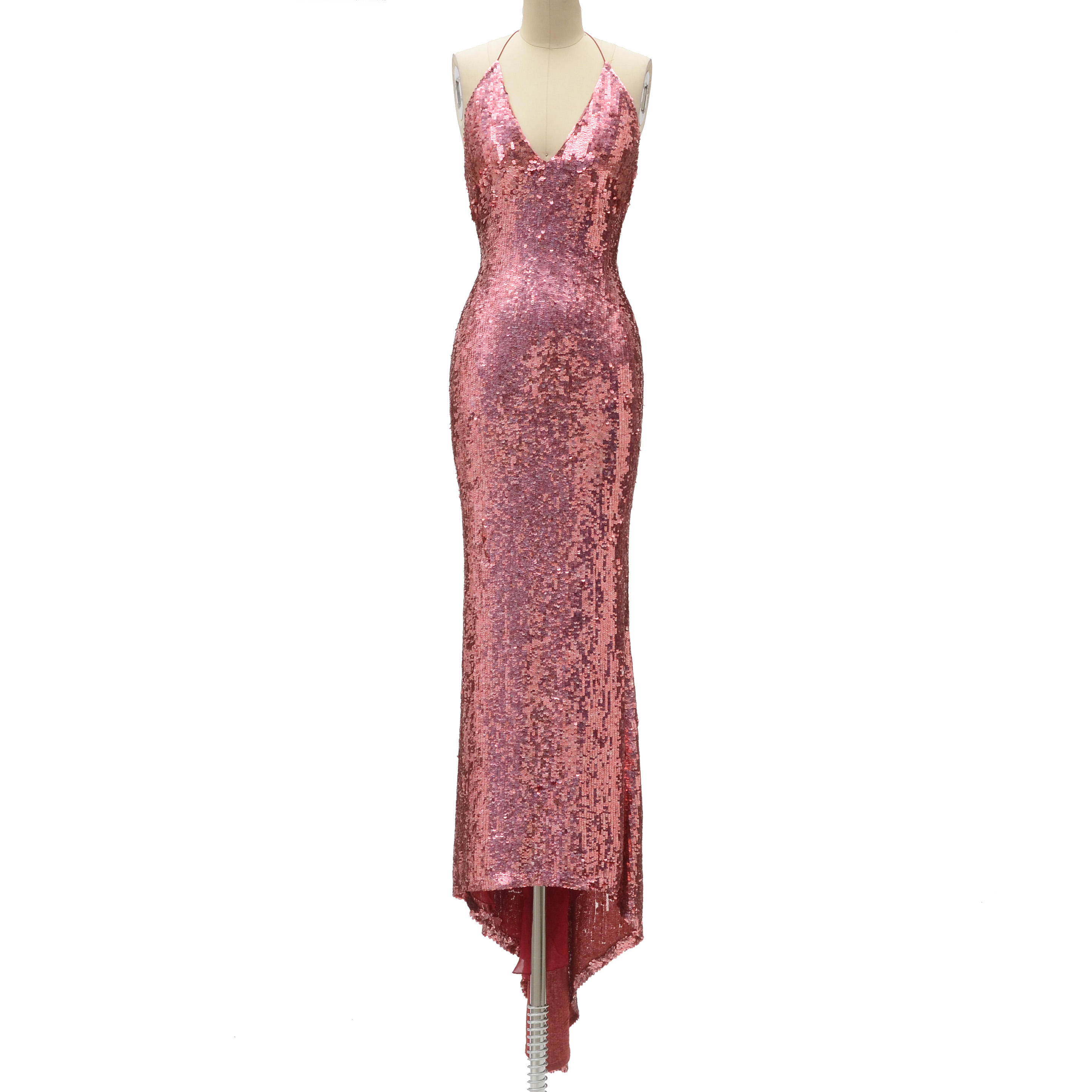 Badgley Mischka Designer Pink Sequined Fuschia Silk Halter Strap Evening Gown with V-Cut Neckline and Signature Label That Reads "ERICA 15612" in Black Marker