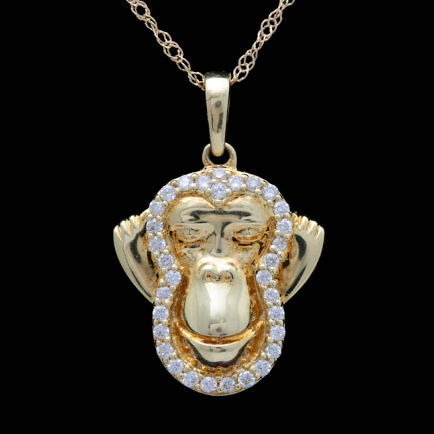 18K Yellow Gold and Diamond "Hear No Evil" Pendant with Chain