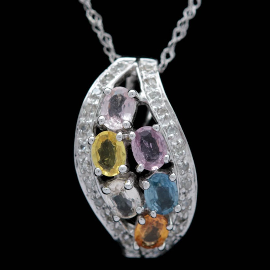 14K White Gold, Multi-Sapphire and Diamond Pendant with Chain