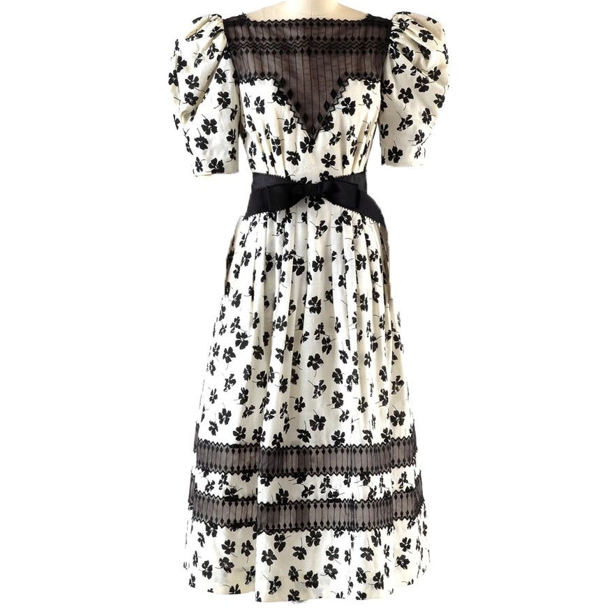 1980s Deadstock Vintage Victor Costa Black Floral and Ivory Cotton Dress with Embroidery
