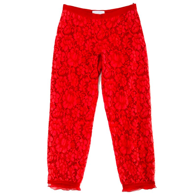 Prada Red Silk and Floral Lace Cropped Trousers with Grosgrain Ribbon