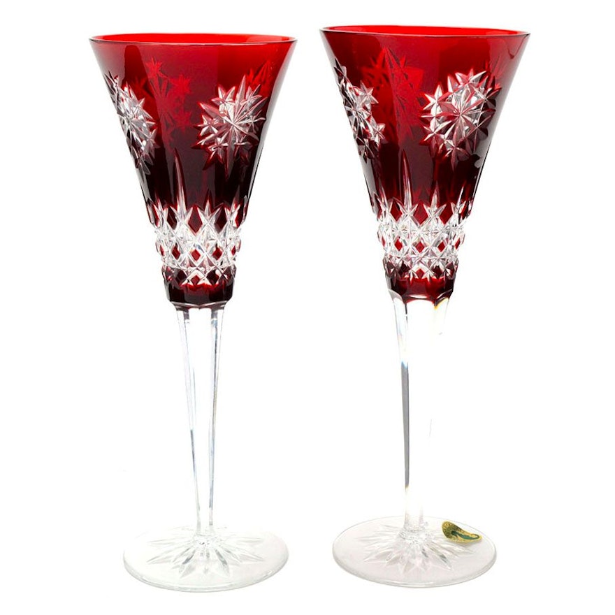 Two Waterford Snow Crystal Flutes in Ruby Red