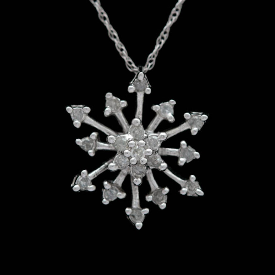 0.20 CTW Diamond and 10K White Gold Snowflake Pendant with Chain