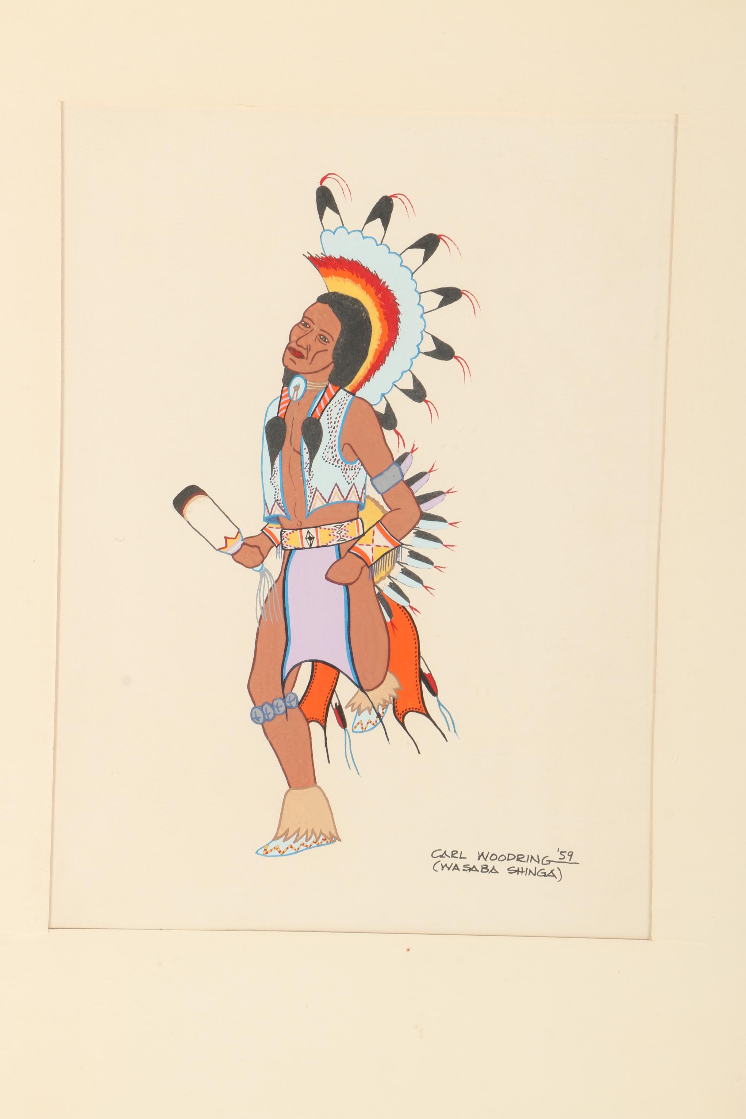 Carl Woodring (Wasaba Shinga) Gouache Painting on Paper ""Fancy Dancer"