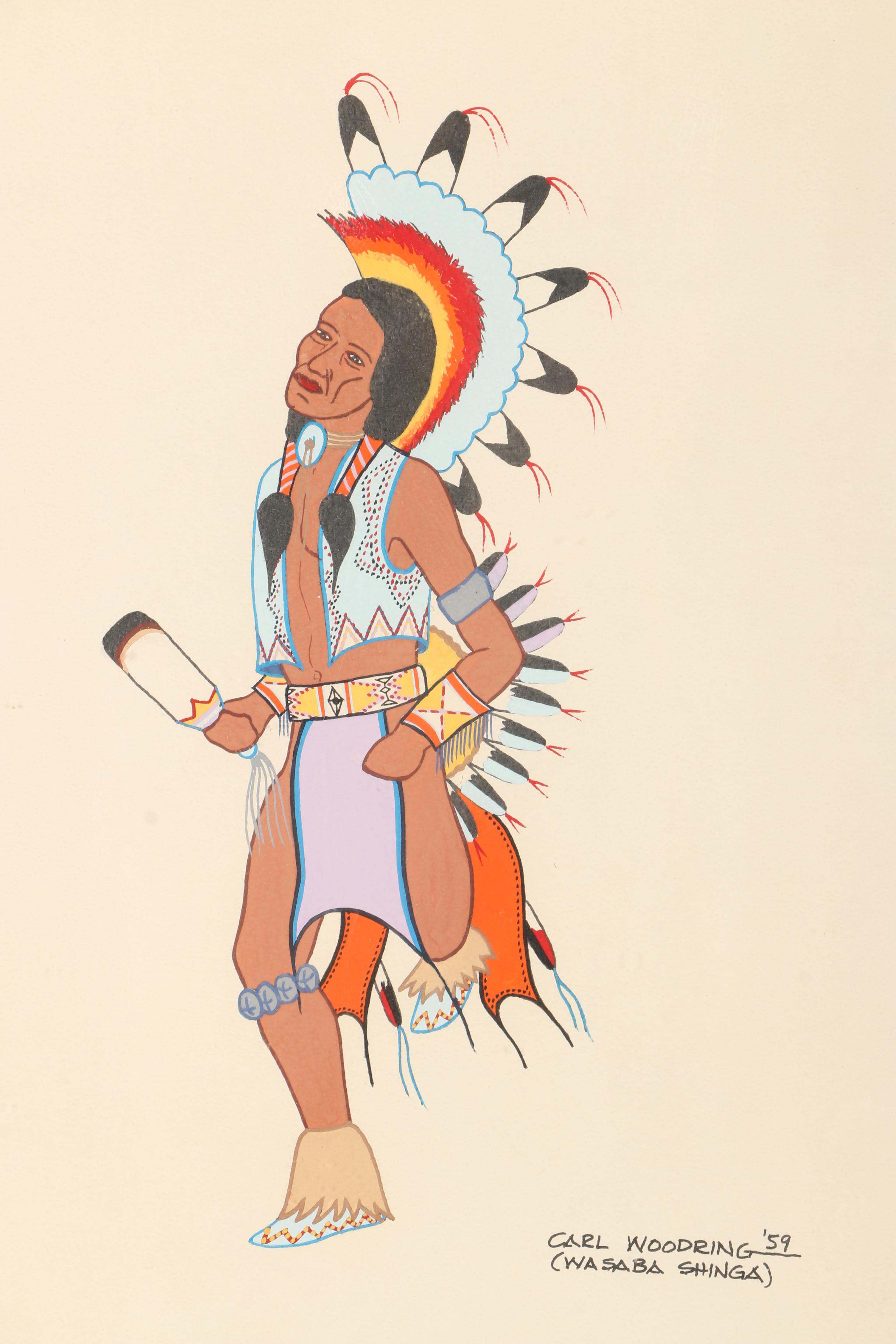 Carl Woodring (Wasaba Shinga) Gouache Painting on Paper ""Fancy Dancer"