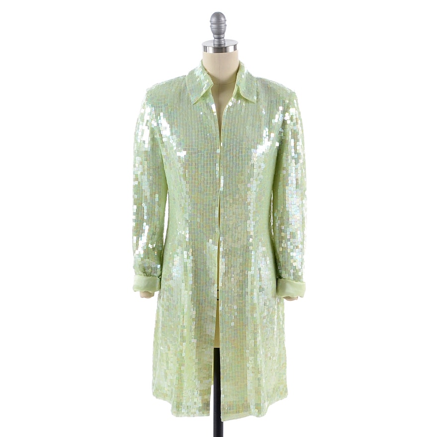 Basix II Celadon Silk Long Dress Jacket Embellished with Square Iridescent Sequins