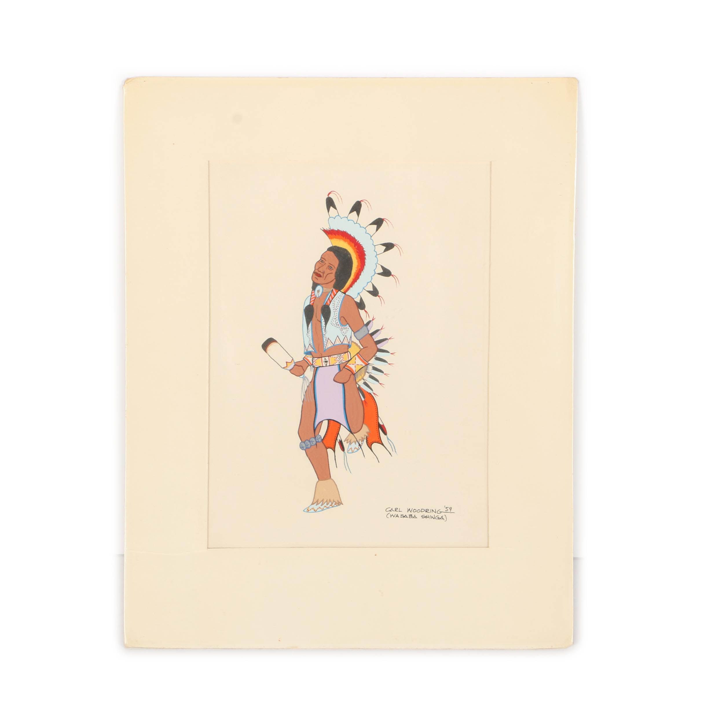 Carl Woodring (Wasaba Shinga) Gouache Painting on Paper ""Fancy Dancer"