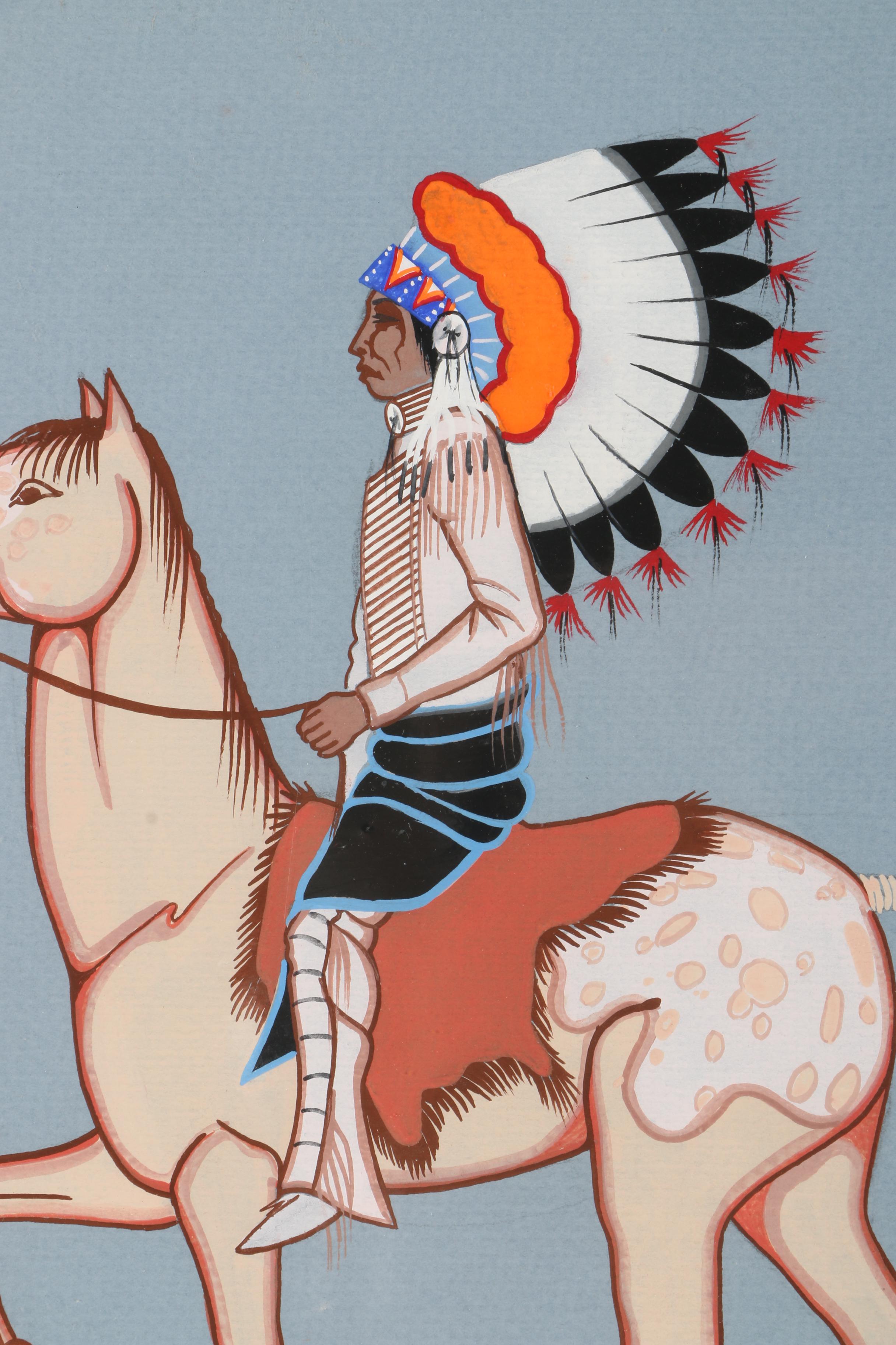 Robert Redbird "Going to the Pow Wow" Gouache Painting