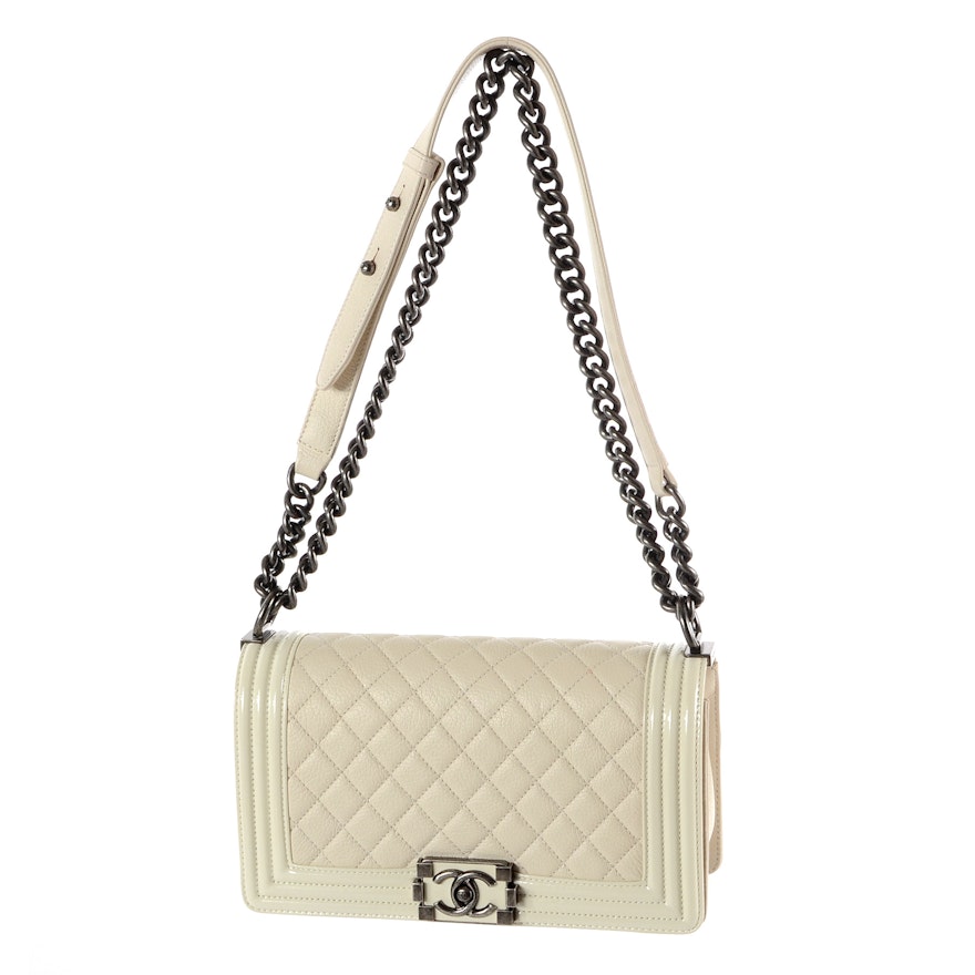 Chanel Boy Flap Bag in Ivory Quilted and Patent Leather