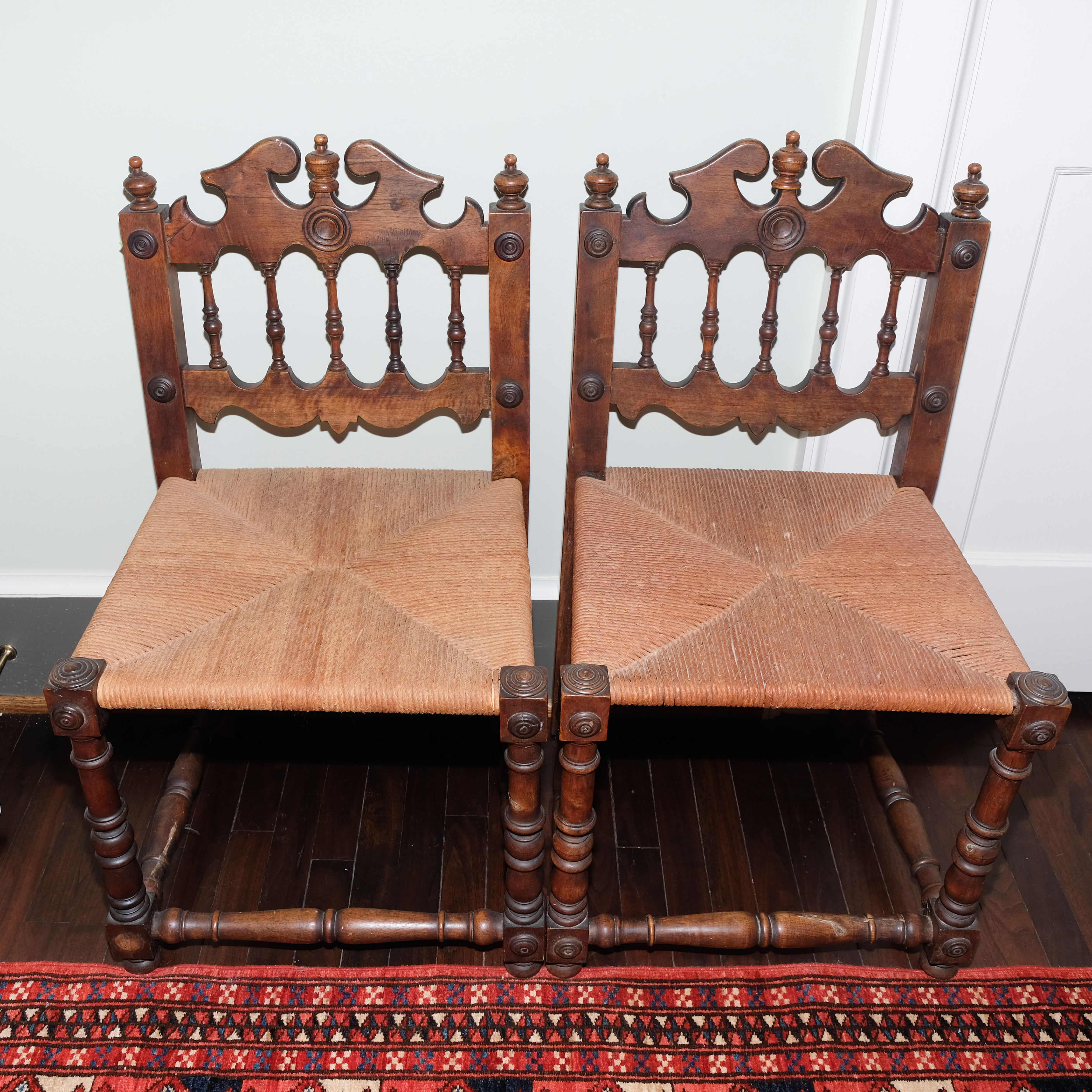 Italian Gothic Revival Side Chairs With Rush Seats