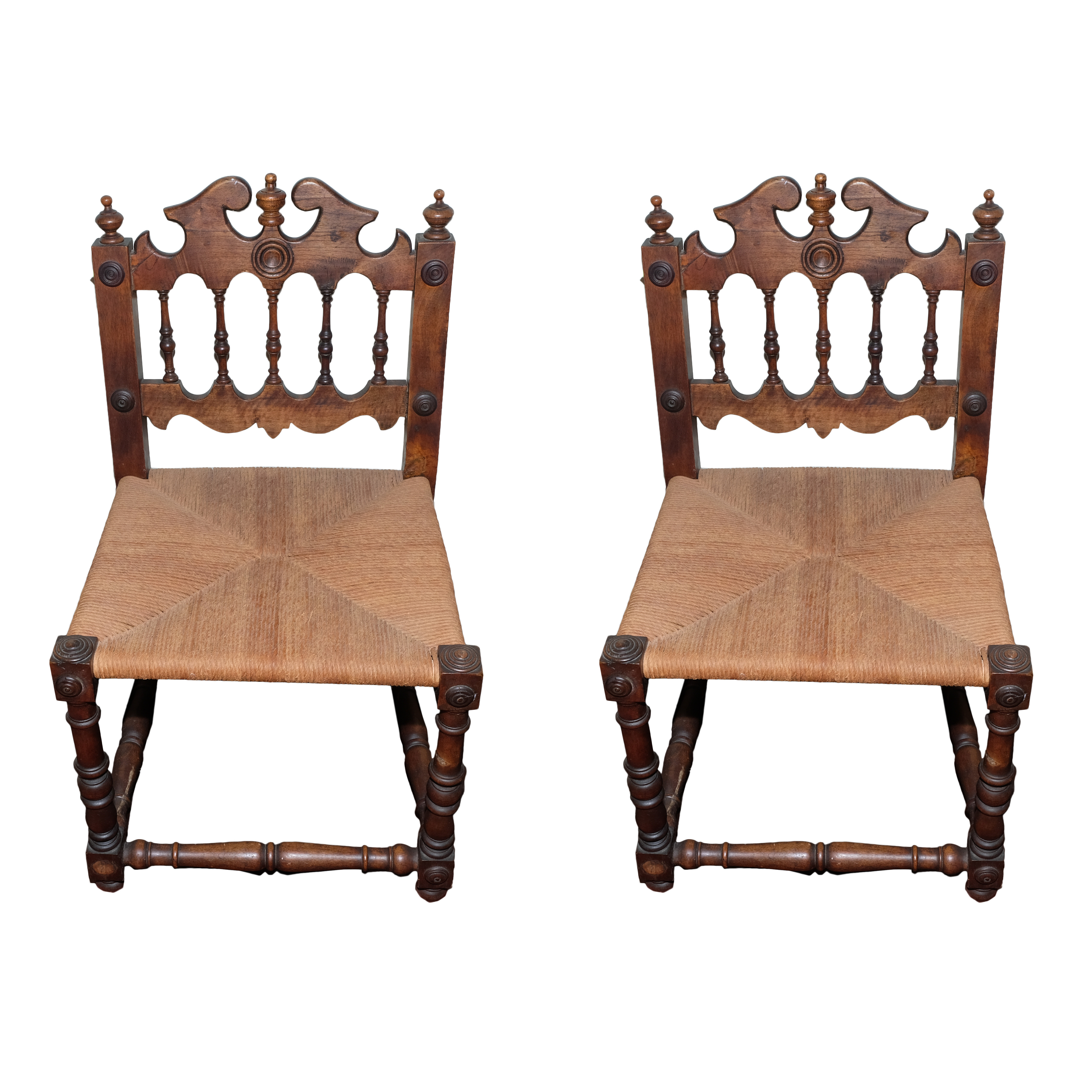 Italian Gothic Revival Side Chairs With Rush Seats