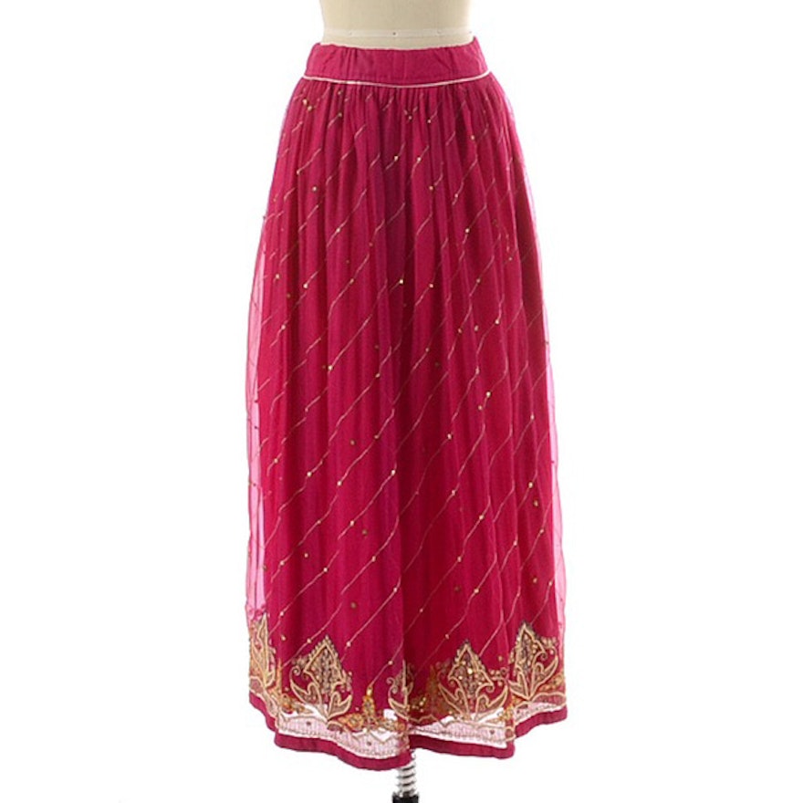 North Indian Inspired Magenta Pink Full Skirt with Embroidery and Embellished with Golden Sequins and Faux Pearls