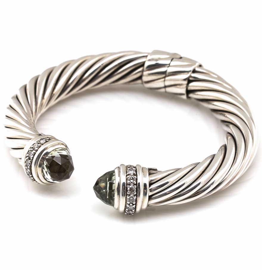 David Yurman Sterling Silver and 18K White Gold Diamond and Prasiolite Cable Cuff