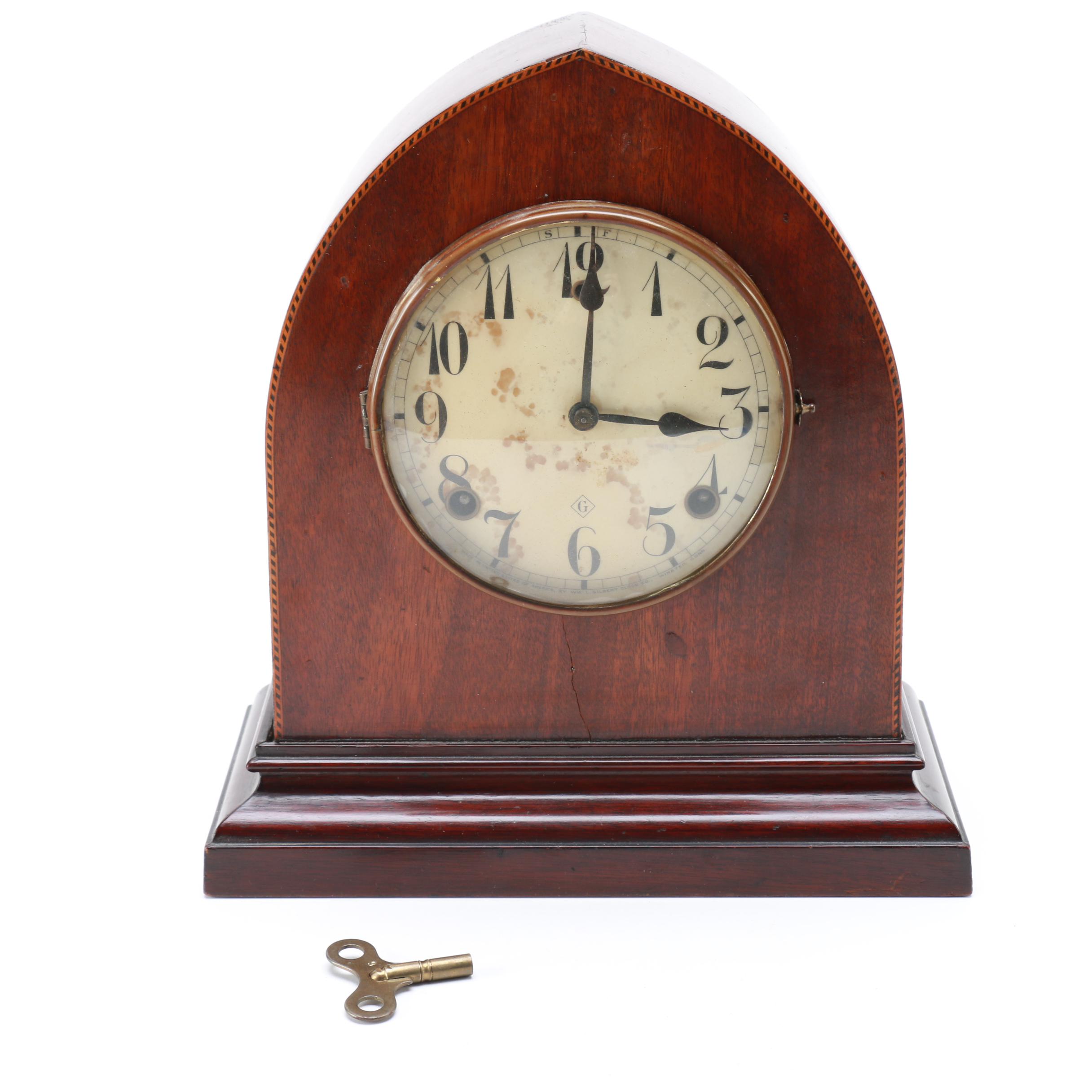 Antique Gilbert Clock Company Bedford Wooden Clock with Winding Key