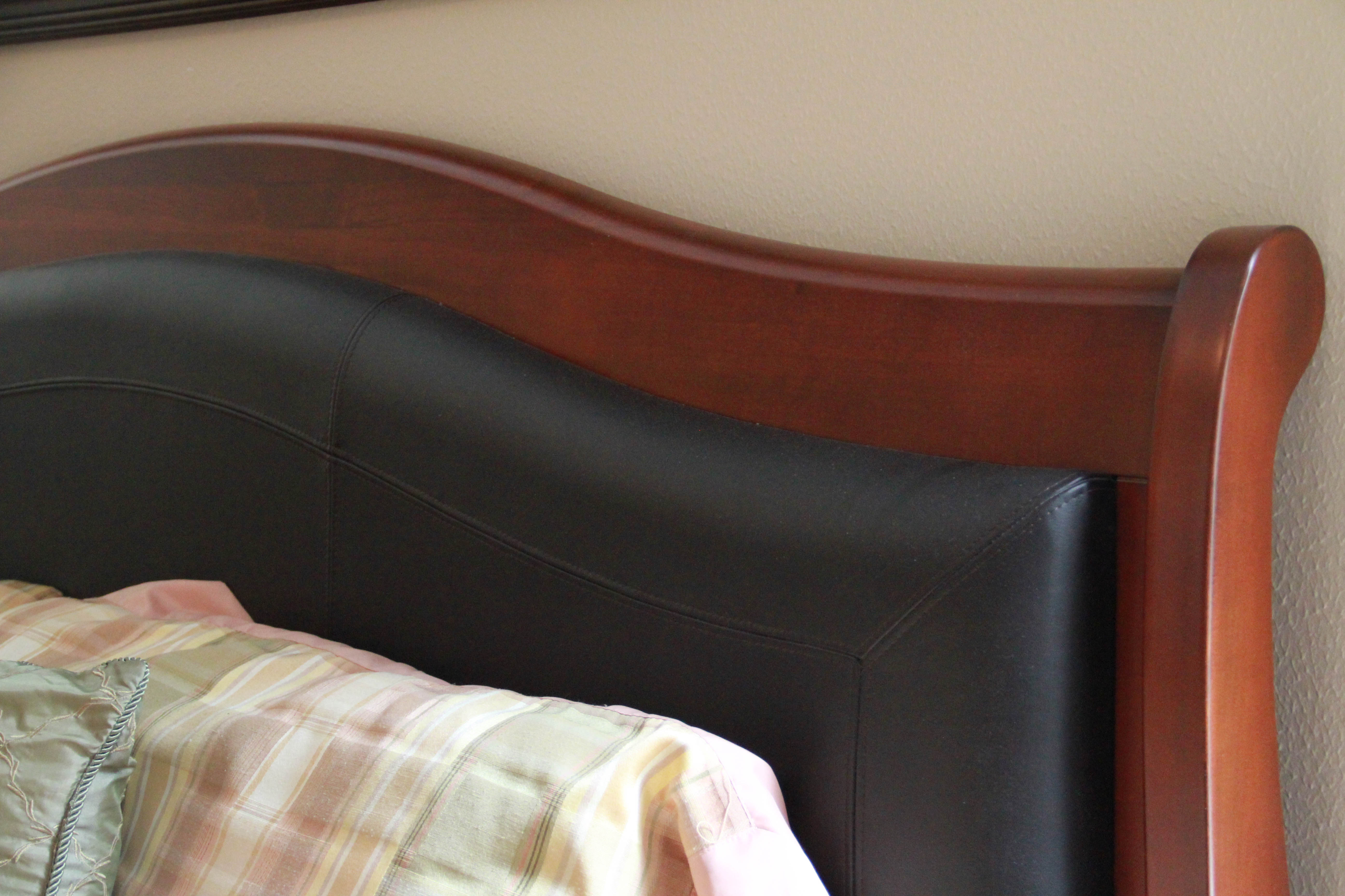 King Size Mahogany Tone Bed Frame with Faux Leather Cushion Headboard