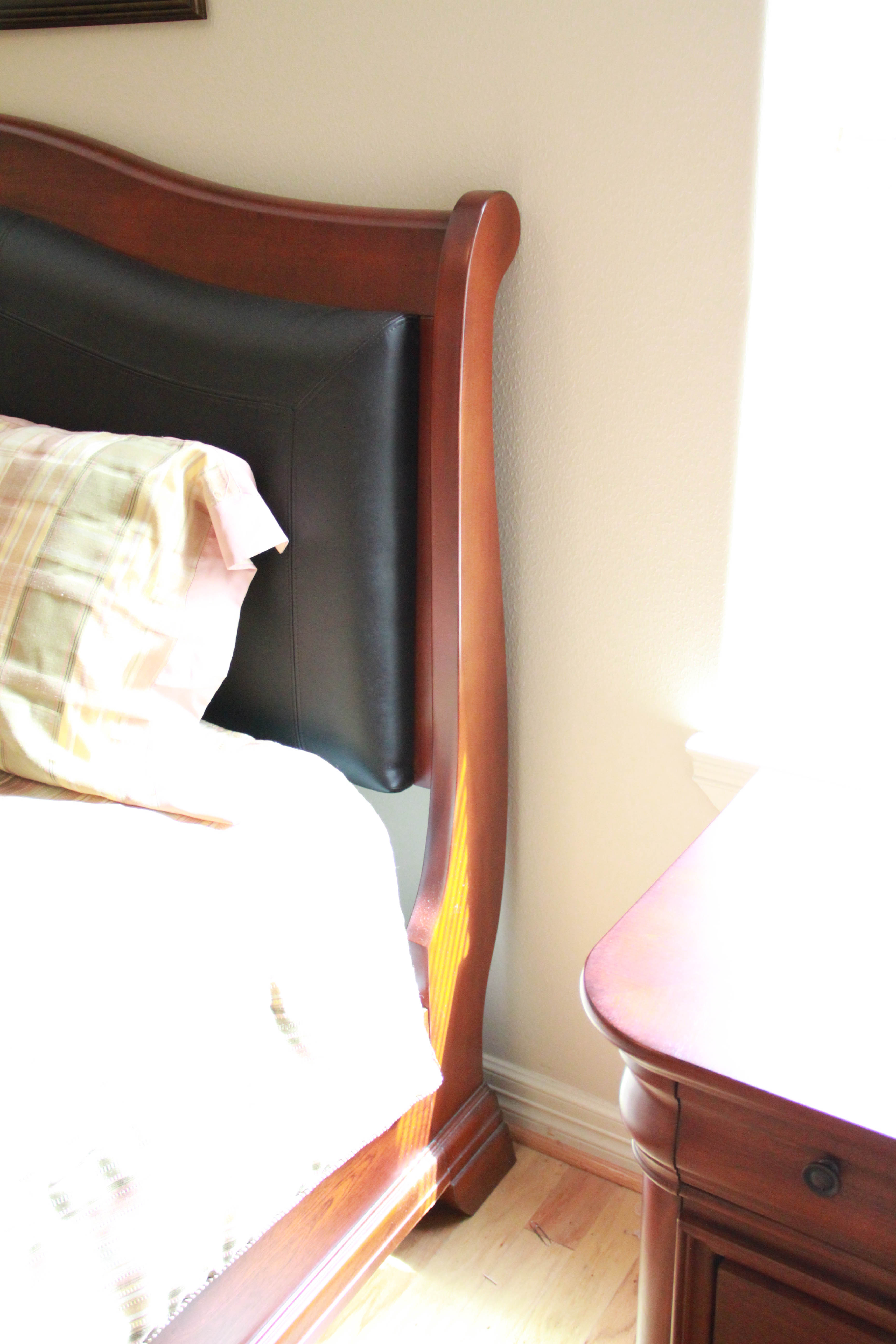 King Size Mahogany Tone Bed Frame with Faux Leather Cushion Headboard