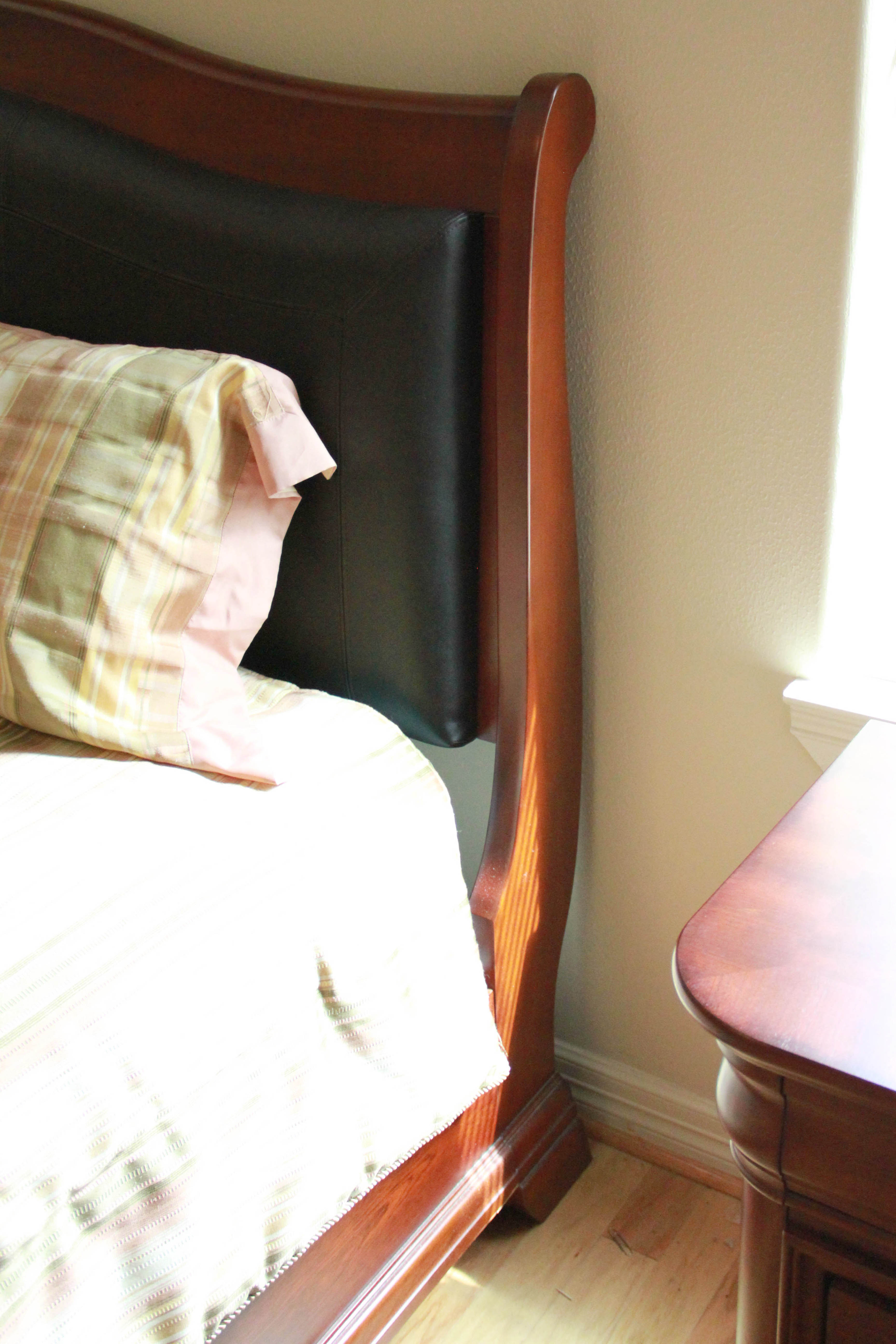 King Size Mahogany Tone Bed Frame with Faux Leather Cushion Headboard