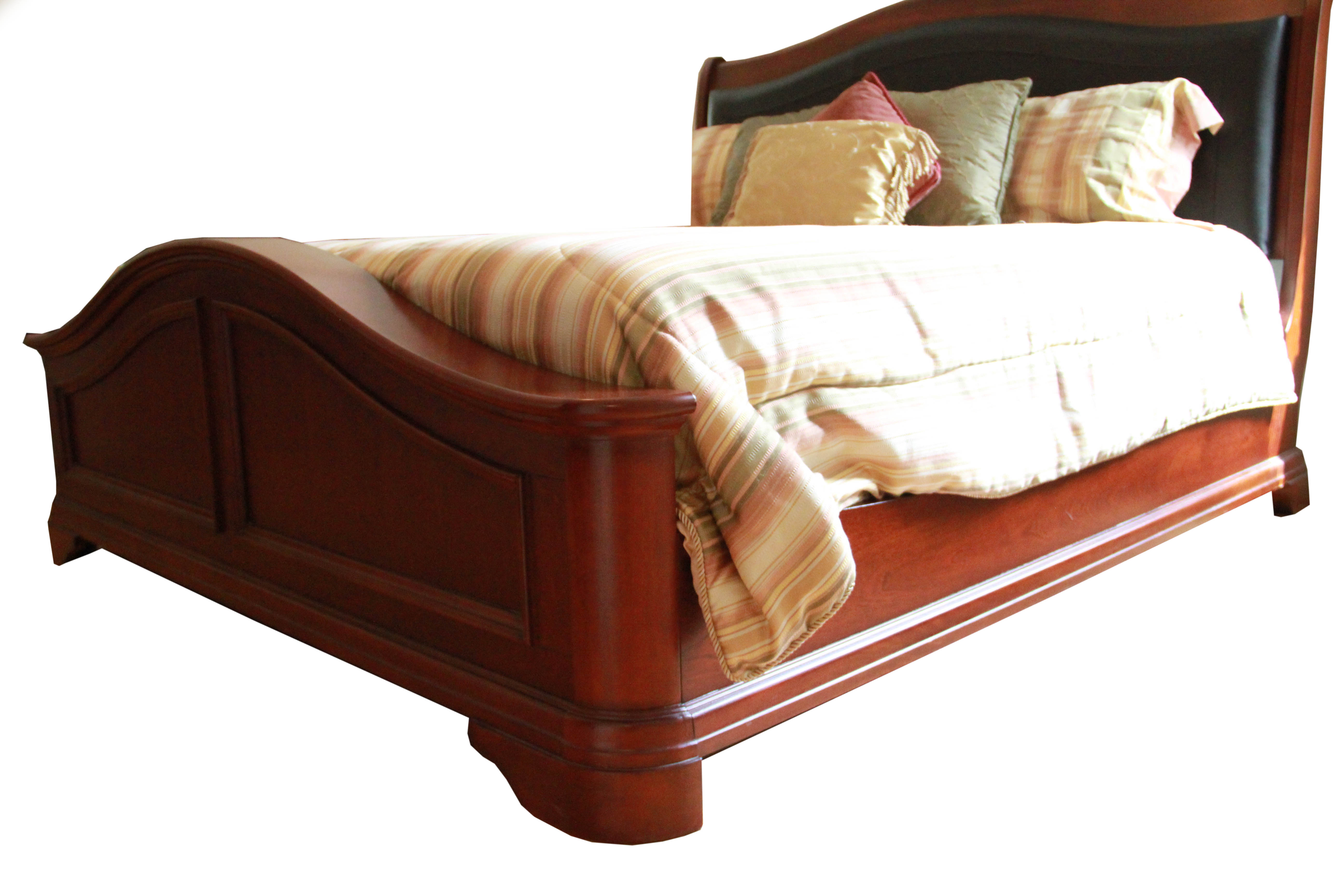 King Size Mahogany Tone Bed Frame with Faux Leather Cushion Headboard