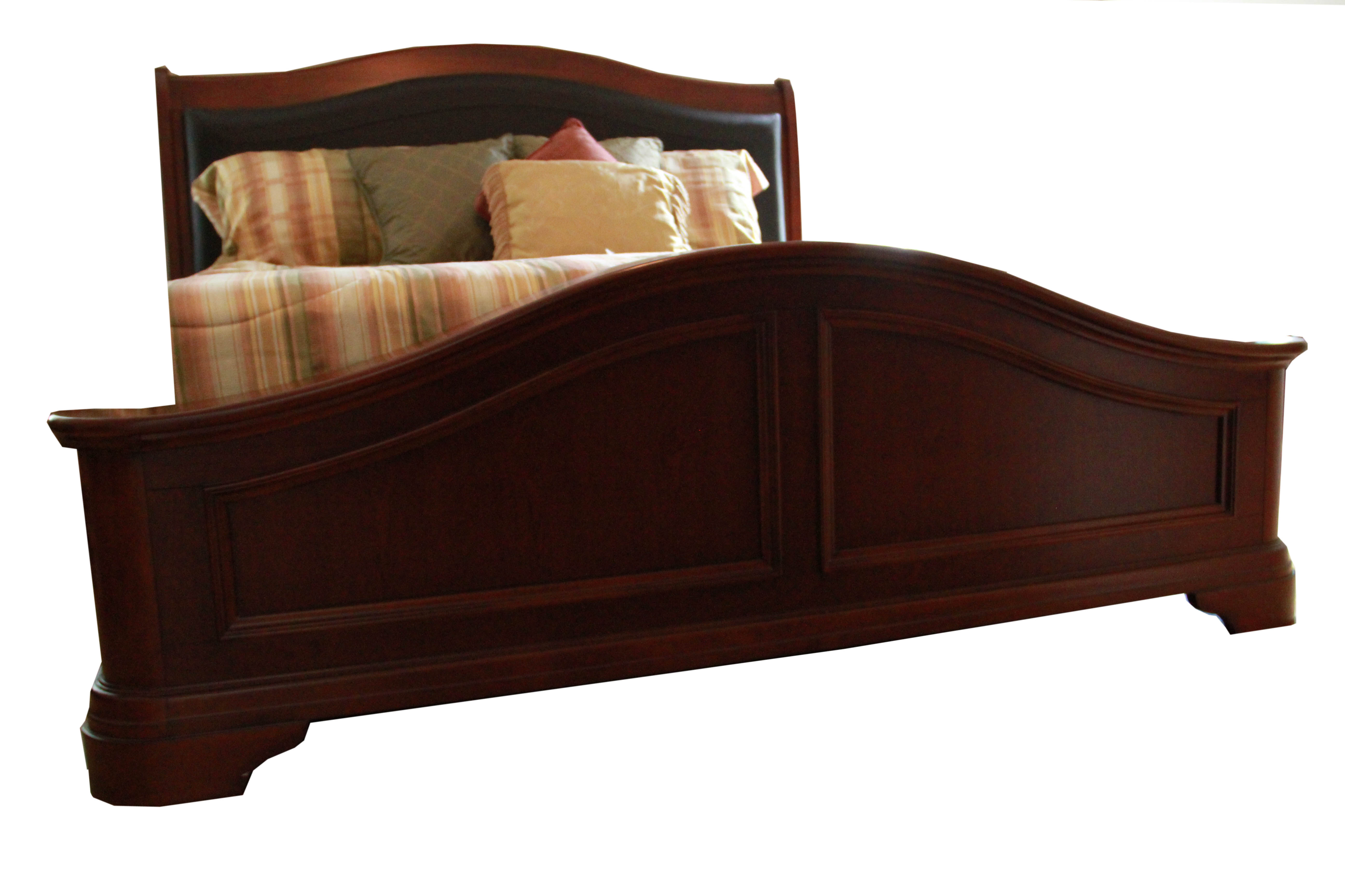 King Size Mahogany Tone Bed Frame with Faux Leather Cushion Headboard
