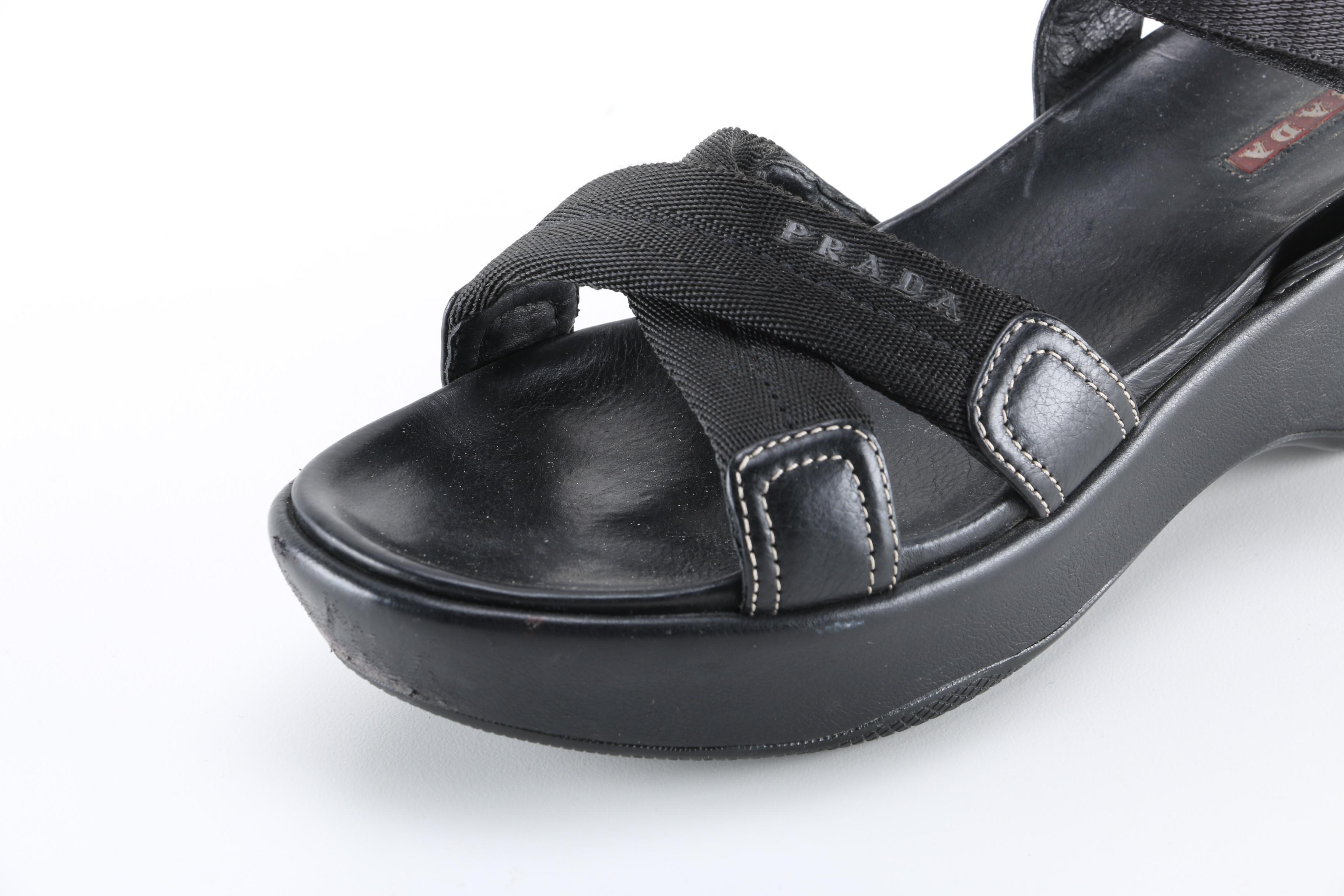 Prada Black Leather Wedge Sandals