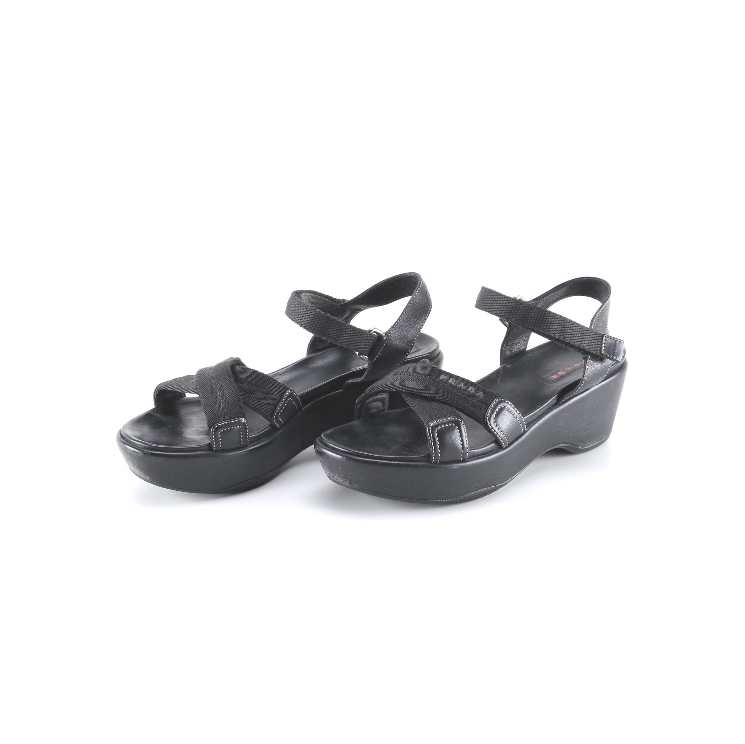 Prada Black Leather Wedge Sandals