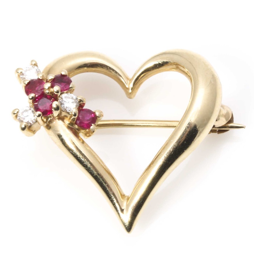 14K Yellow Gold Heart Brooch With Ruby and Diamond Accents