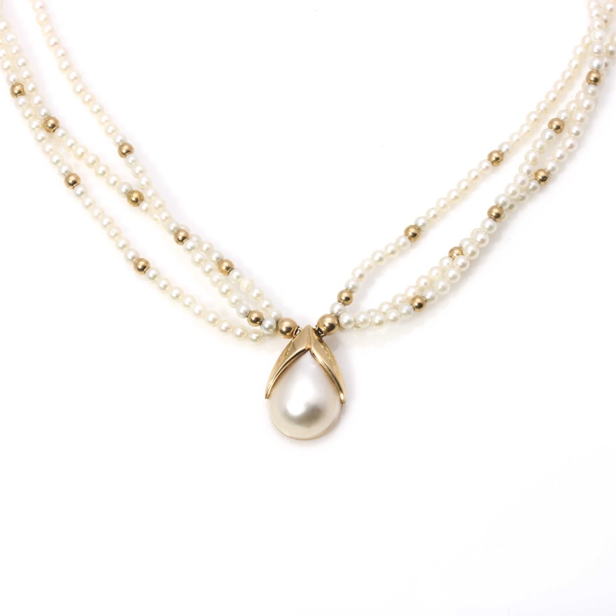 14K Yellow Gold Mabé Pearl Pendant With Pearl Strand Necklace