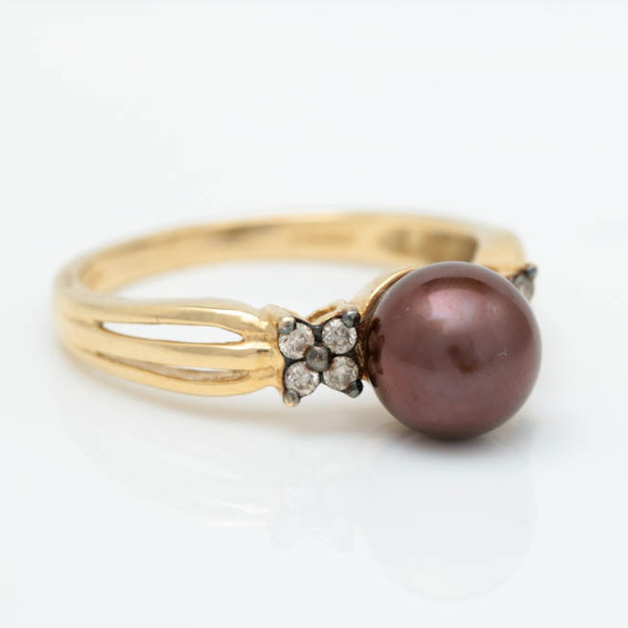 14K Yellow Gold, Chocolate Freshwater Pearl and Diamond Ring